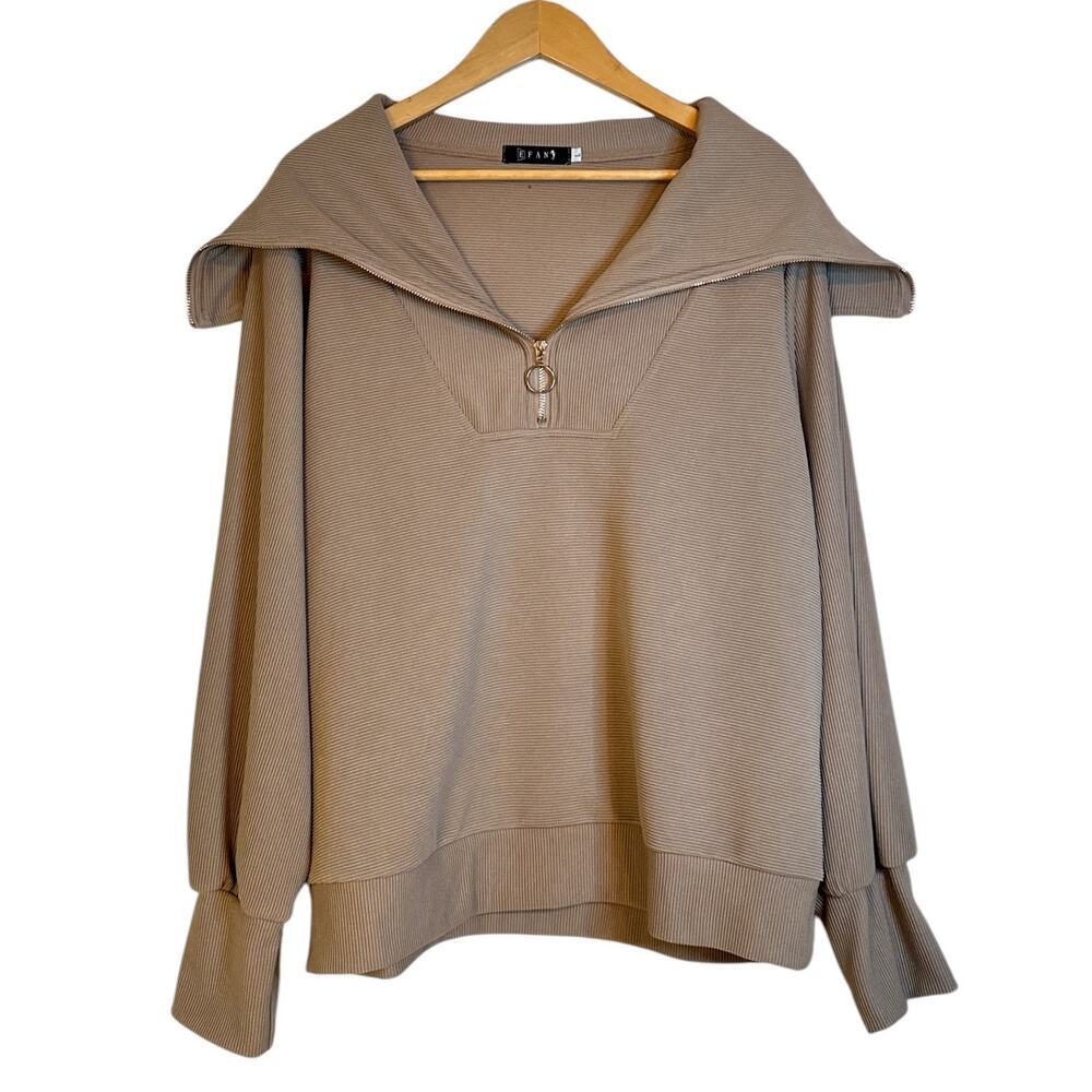 EFan Women Y2K Oversized Ribbed Knit Quarter Zip Pullover Active Top Sz L Brown